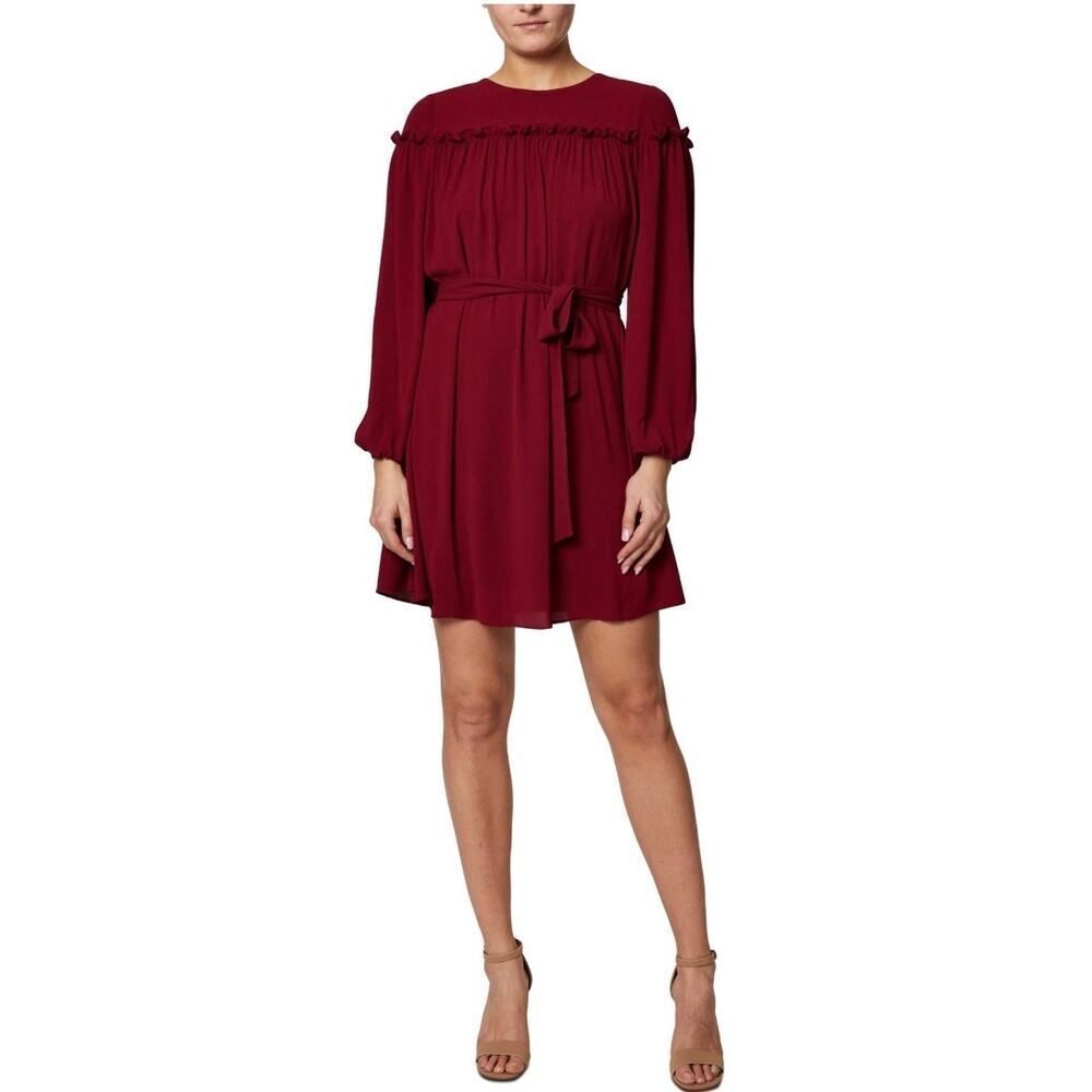 LAUNDRY by Shelli Segal Ruffled Self Tie Belt Mini Dress Burgundy Women's Sz 2